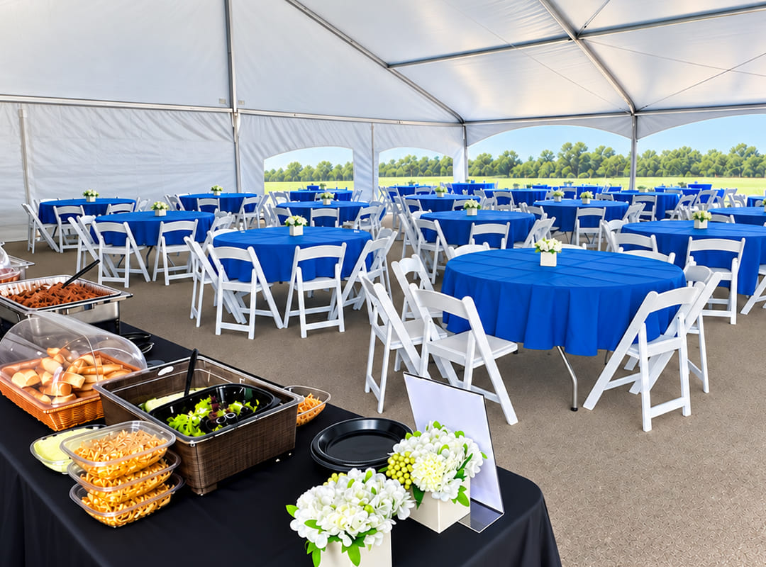 Galaxy Club Covered Galaxy Club hospitality area with blue-clothed tables, white chairs, floral centerpieces, and a buffet station.