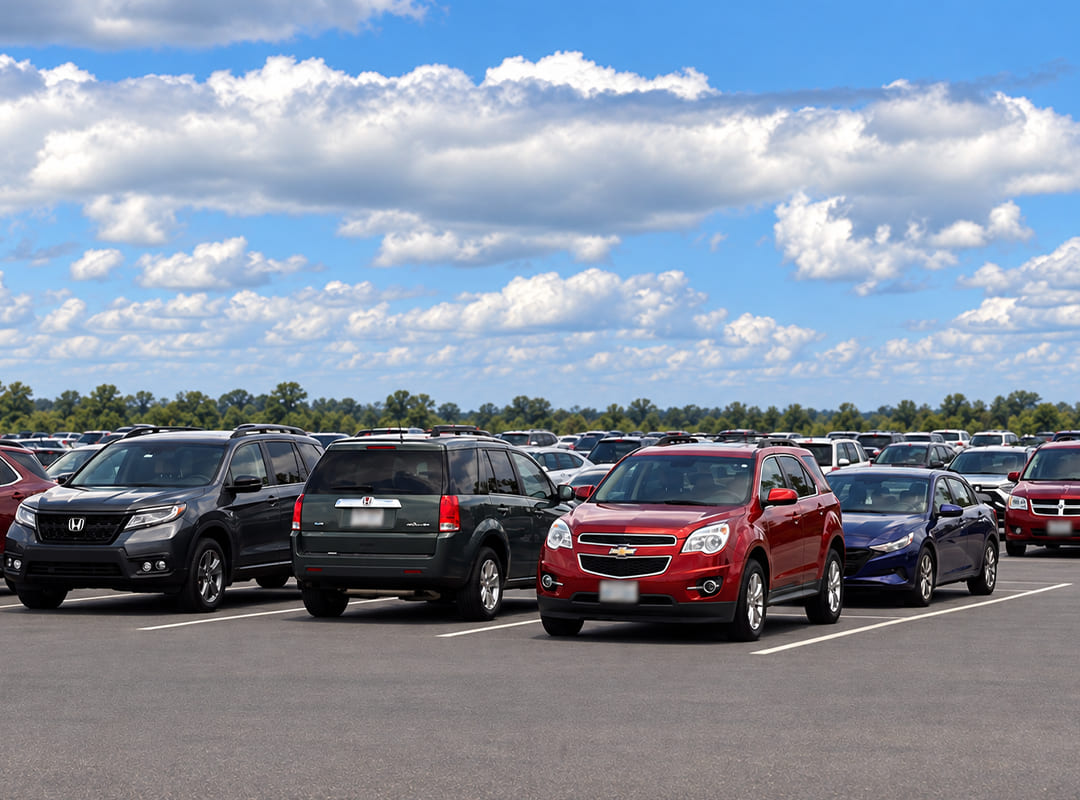 Rows of parked cars, SUVs, and minivans fill a large paved parking lot beneath a blue sky with scattered white clouds.